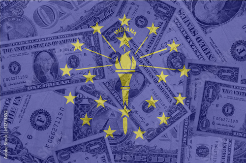 US state of indiana flag with transparent dollar banknotes in ba