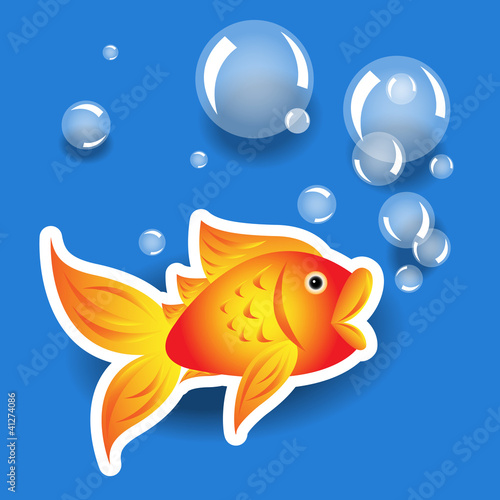 Cartoon goldfih label with bubbles over blue