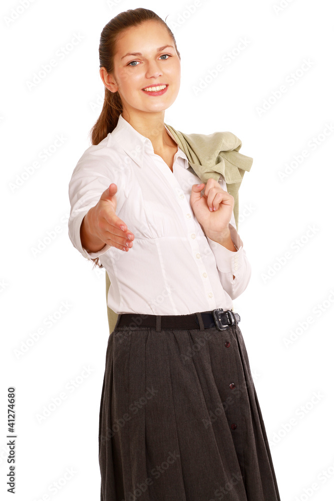 Portrait of a young attractive woman giving her hand Portrait of a young attractive woman giving her hand