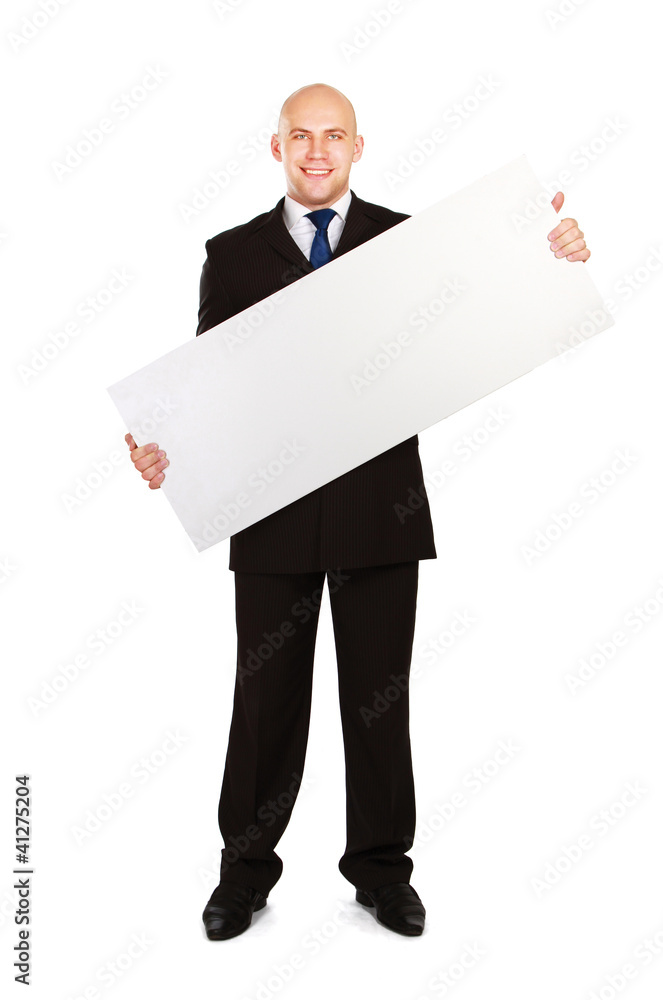 A business man with an empty blank, isolated on white background A business man with an empty blank, isolated on white background