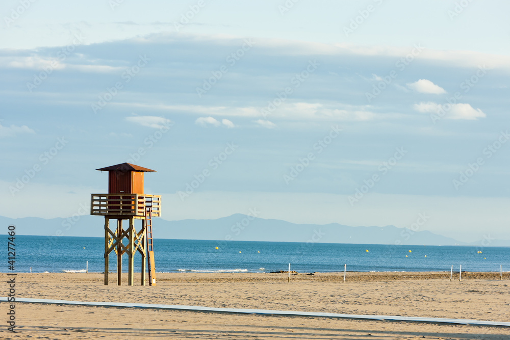 lifeguard cabin on the beach in Narbonne Plage, Languedoc-Roussi