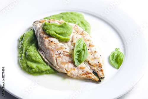 grilled mackerel with mashed pea and basil