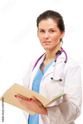 A female doctor with a folder isolated on white background