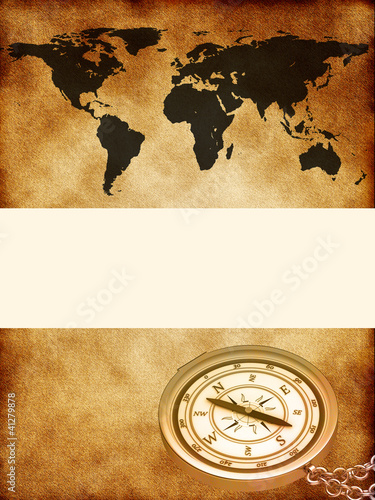 World map with a compass
