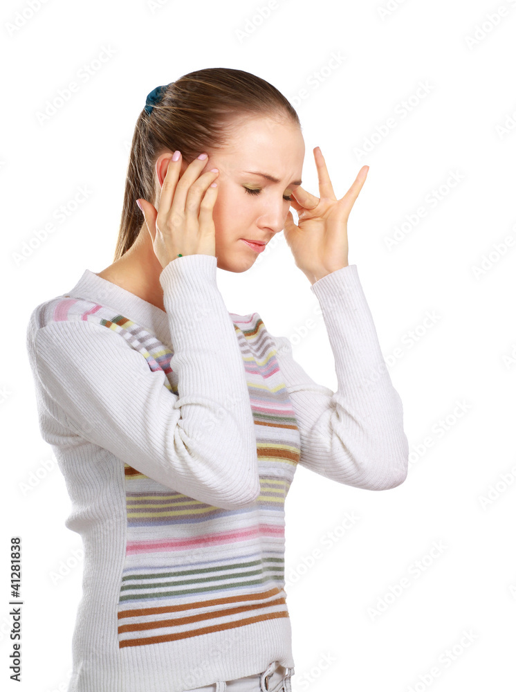 Woman holds head with pain, isolated on white background Woman holds head with pain, isolated on white background