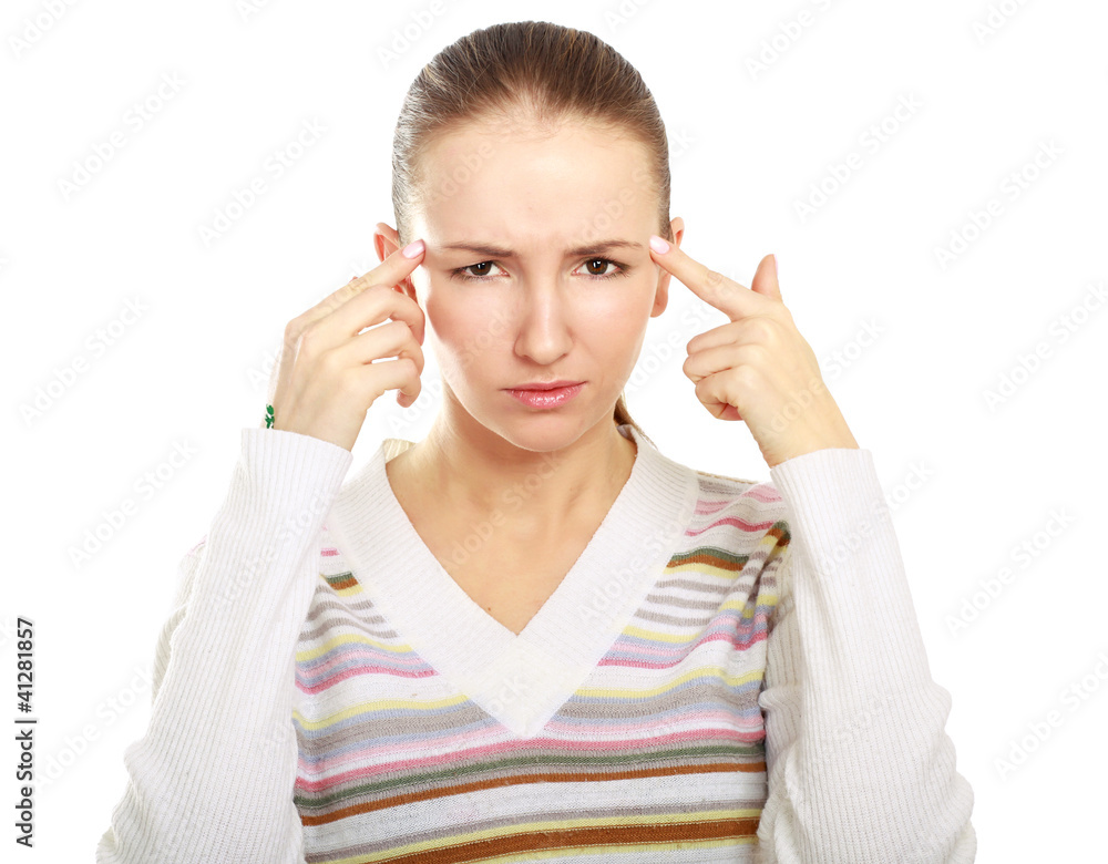 Woman holds head with pain, isolated on white background Woman holds head with pain, isolated on white background