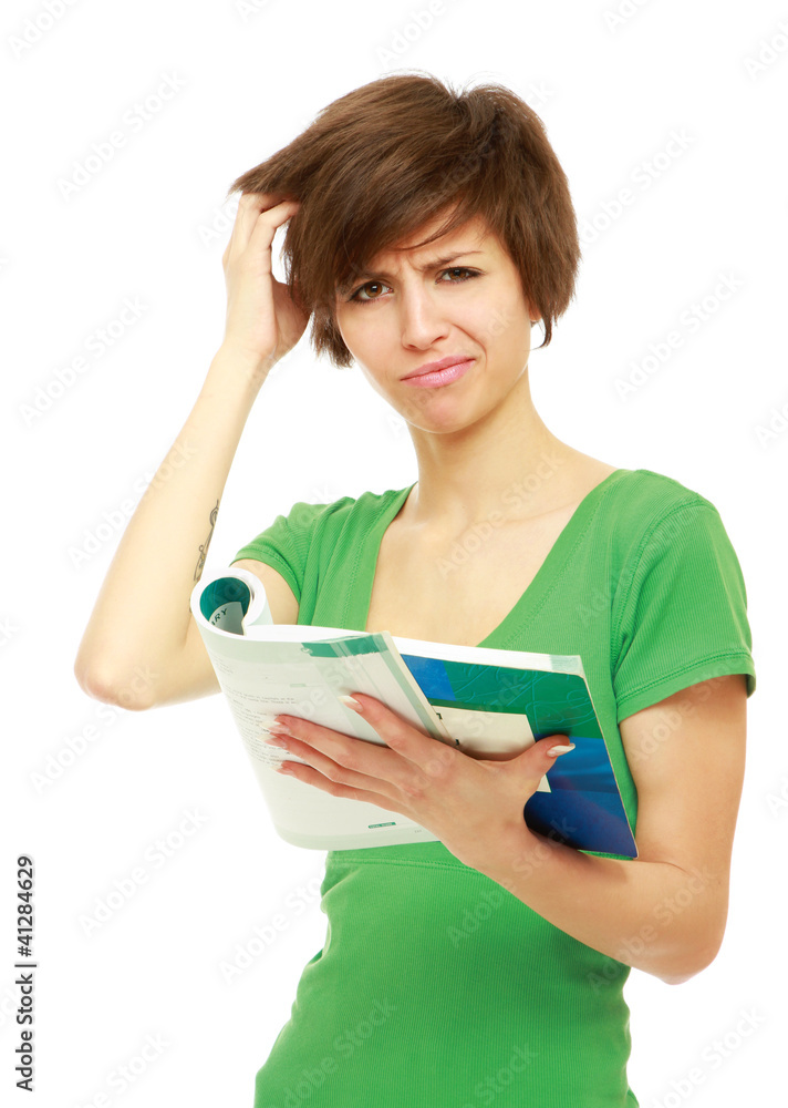 Young female holding an open book.isolated on white background Young female holding an open book.isolated on white background