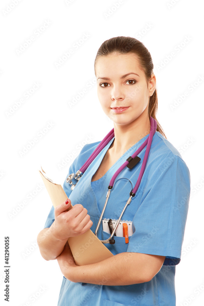A female doctor with a folder isolated on white background A female doctor with a folder isolated on white background
