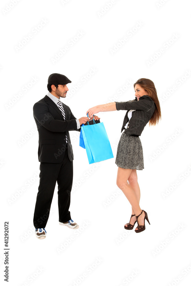 young stylish couple with shopping bags young stylish couple with shopping bags