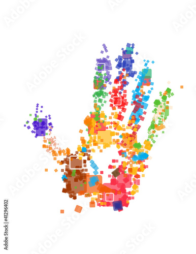 Close up of multicolored hand print on white background