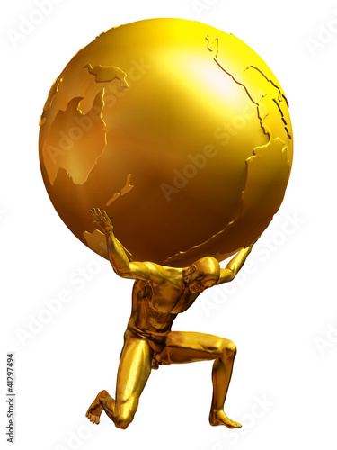 Atlas in pure gold, a man carries the world on shoulders photo
