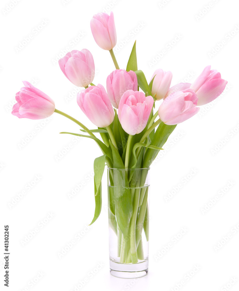 Pink tulips bouquet in vase isolated on white background Pink tulips bouquet in vase isolated on white background