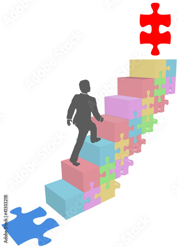Business man climb up puzzle steps