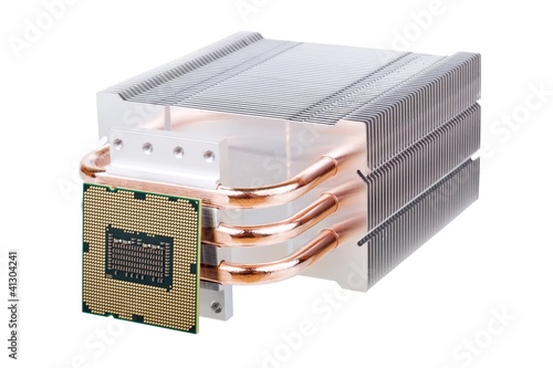 CPU and cooler with heatpipes isolated on white photo