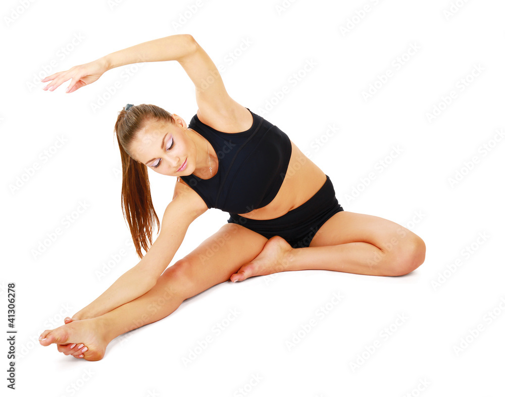 smiling woman doing stretching excersises smiling woman doing stretching excersises