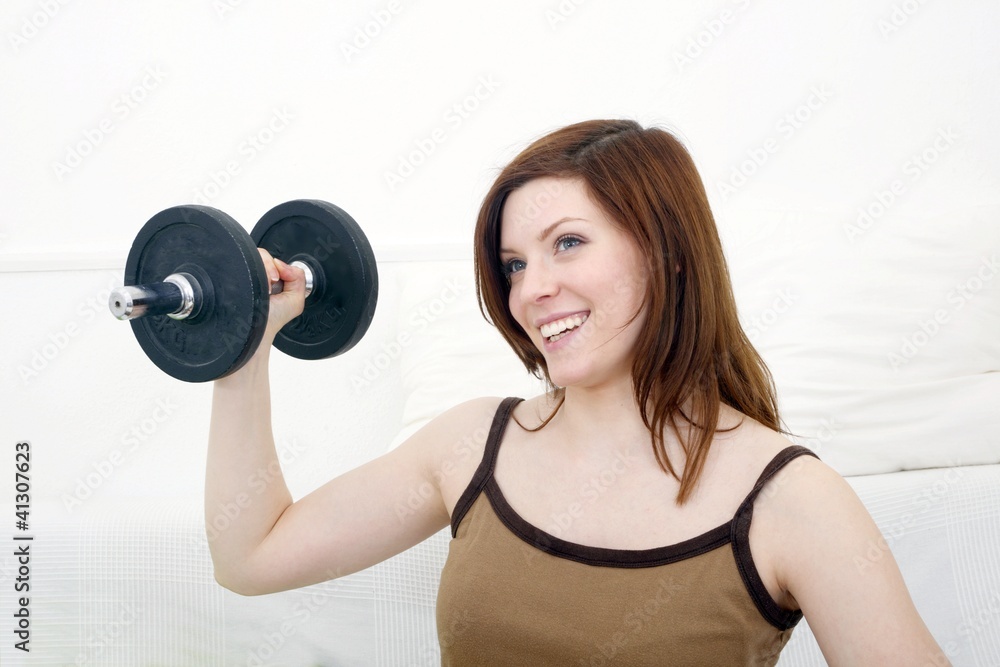 happy woman with dumbbell happy woman with dumbbell