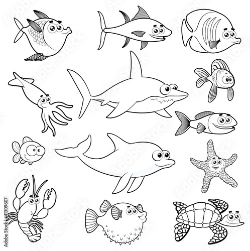 Family of funny fish. Vector black white characters.