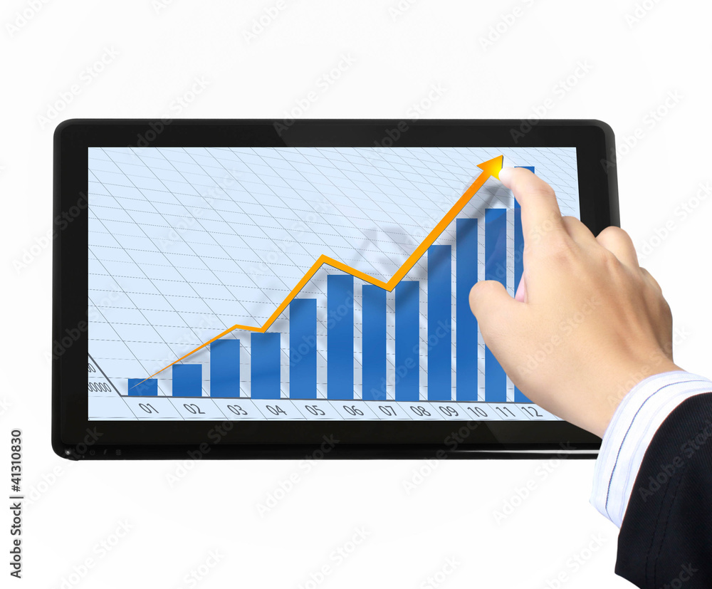 Businessmen, hand pointing on touch screen graph on a tablet Businessmen, hand pointing on touch screen graph on a tablet