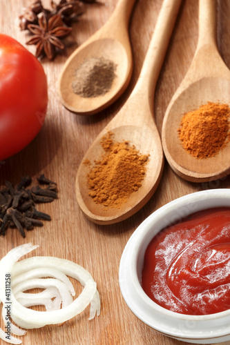 Fototapeta Naklejka Na Ścianę i Meble -  sauce ingredient on wood table