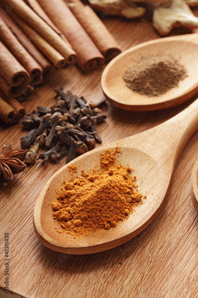 Herbs and Spices over wooden background Herbs and Spices over wooden background