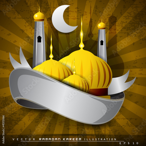 Beautiful shiny Mosque or Masjid, silver ribbon  and moon on mor