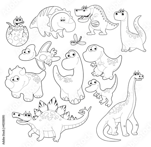 Dinosaurs Family. Vector isolated black and white characters.