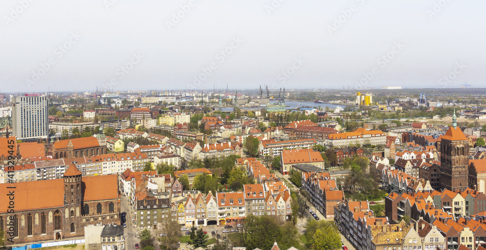 Gdańsk,skyline with old town and ship yard