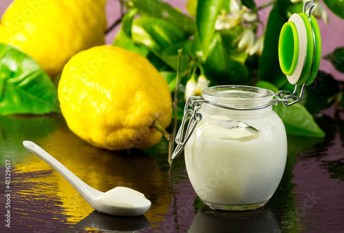 lemon yogurt with fruit on ardesia photo