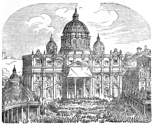 Shows the Papal Basilica of Saint Peter