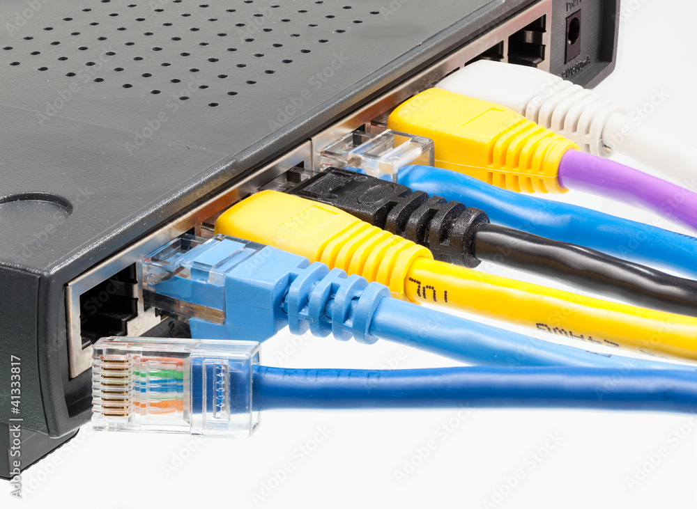 Cat 5 cables in multiple colors in router Cat 5 cables in multiple colors in router