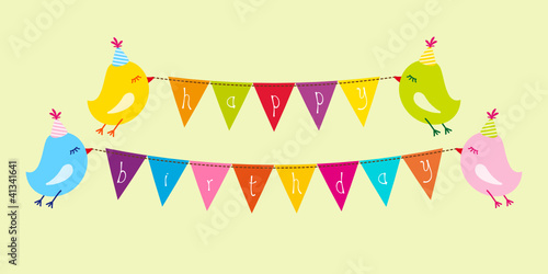 4 Birds Flying Holding Festoons Green Background