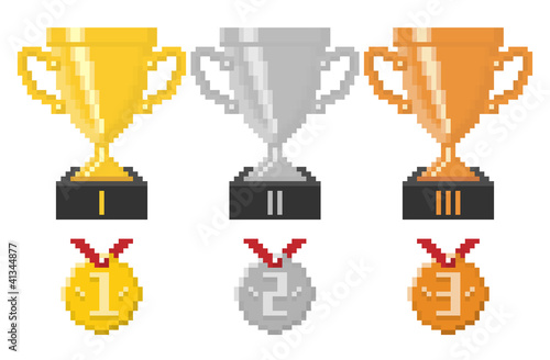 Pixel trophy cups and medals. Vector illustration.