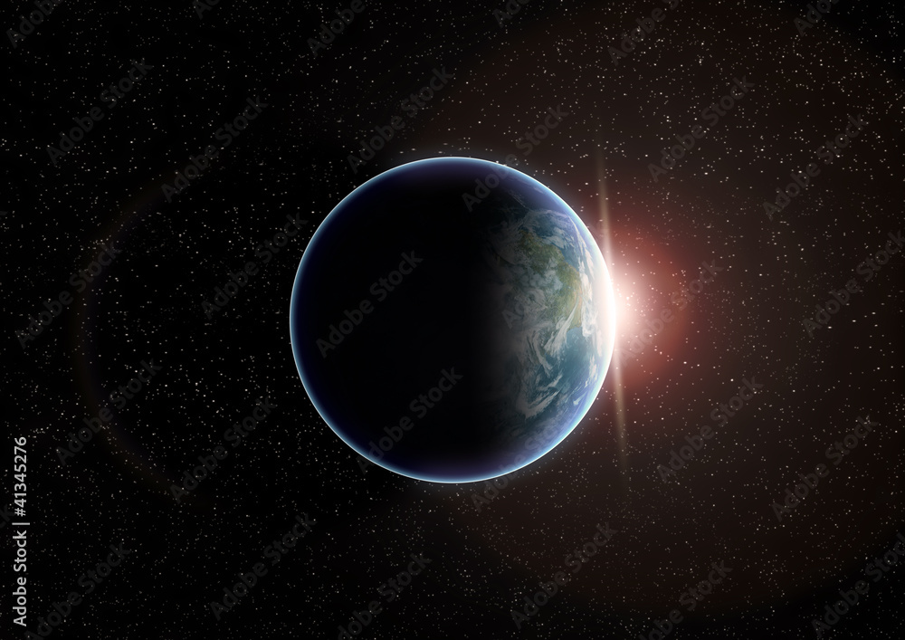 Planet earth with sun flare