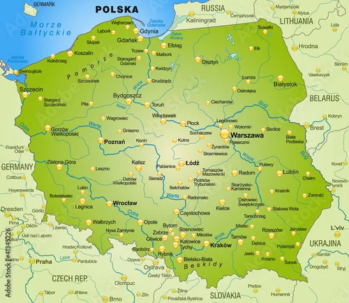Obraz Mapa obszaru Polski ze stolicami