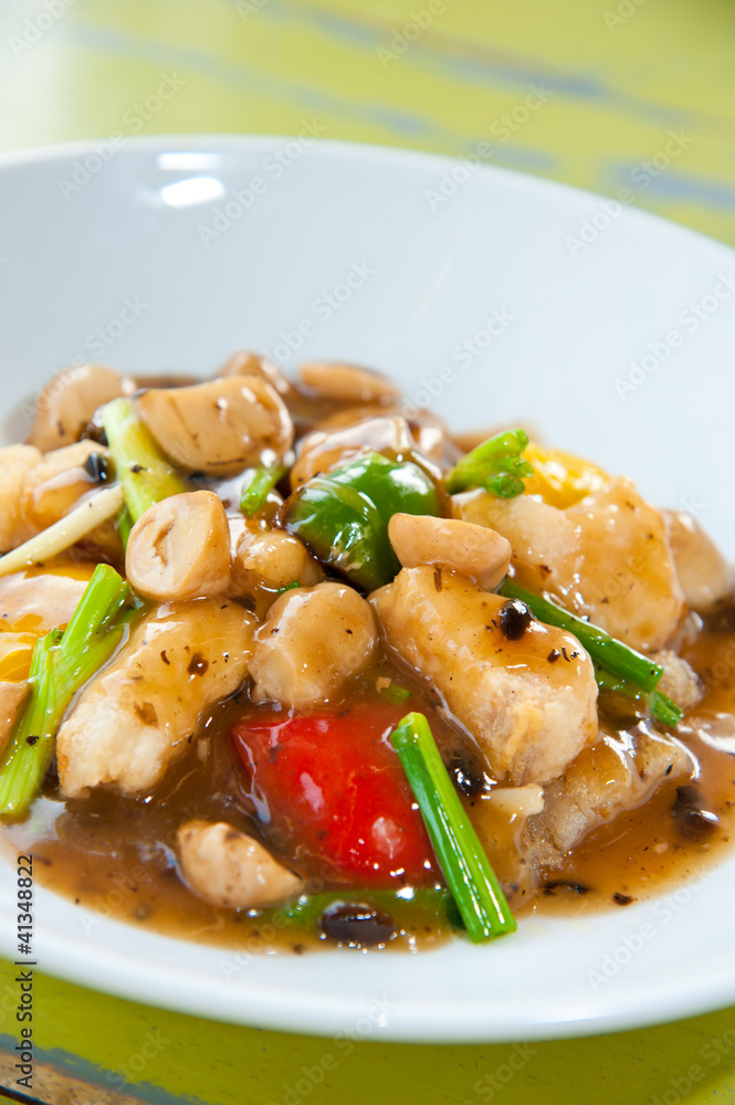 Stir-fried fish with colorful vegetables, mushroom and herb Stir-fried fish with colorful vegetables, mushroom and herb
