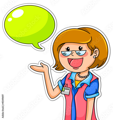 female worker with a name tag presenting something and talking