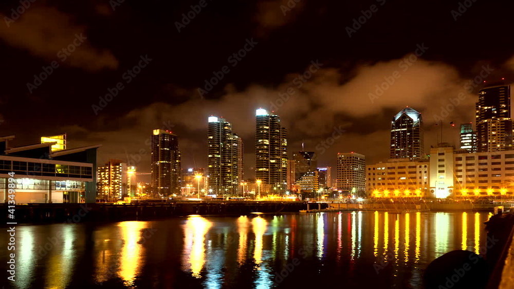Night San Diego city time lapse with buildings and traffic Night San Diego city time lapse with buildings and traffic