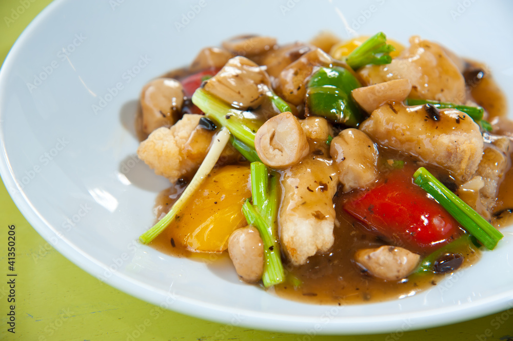 Stir-fried fish with colorful vegetables, mushroom and herb Stir-fried fish with colorful vegetables, mushroom and herb