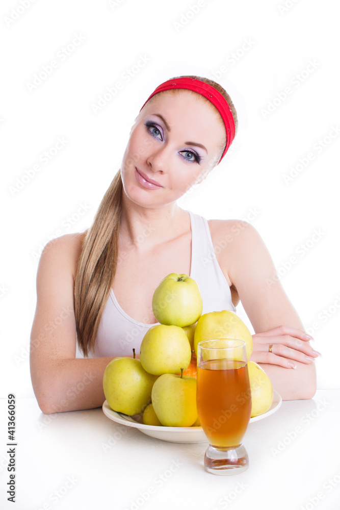Woman with apple juice and fruits Woman with apple juice and fruits
