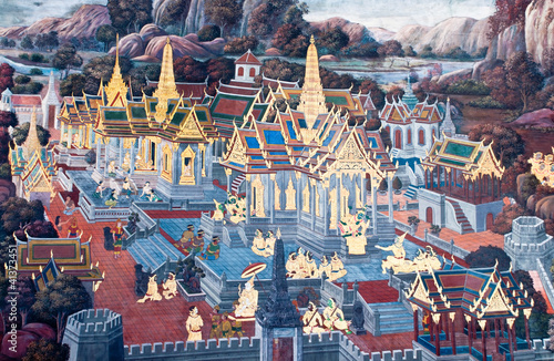 Thai Mural Painting on the wall, Wat Phra Kaew photo