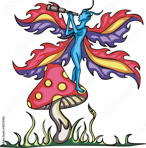 Fairy elf on mushroom with monocular tube