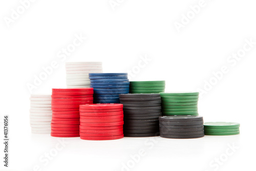 Poker coins piled up together