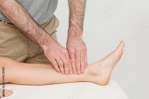 Doctor using his fingertips to massage a calf