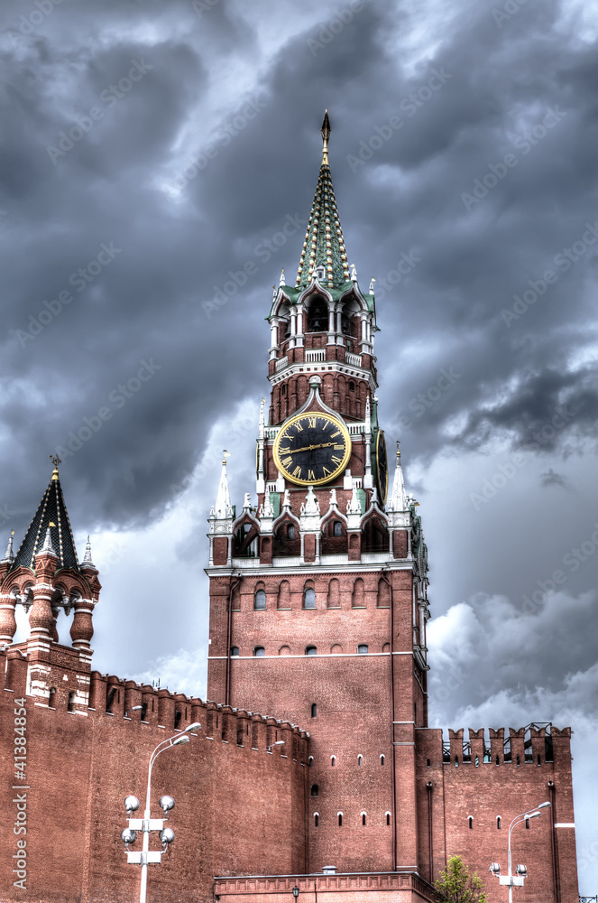 View of the Kremlin Spassky Tower before the storm View of the Kremlin Spassky Tower before the storm