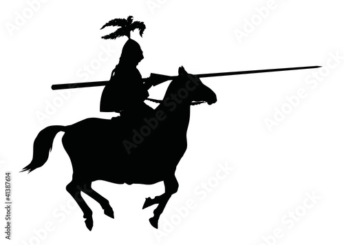 Knight with lance on horseback. Vector silhouette
