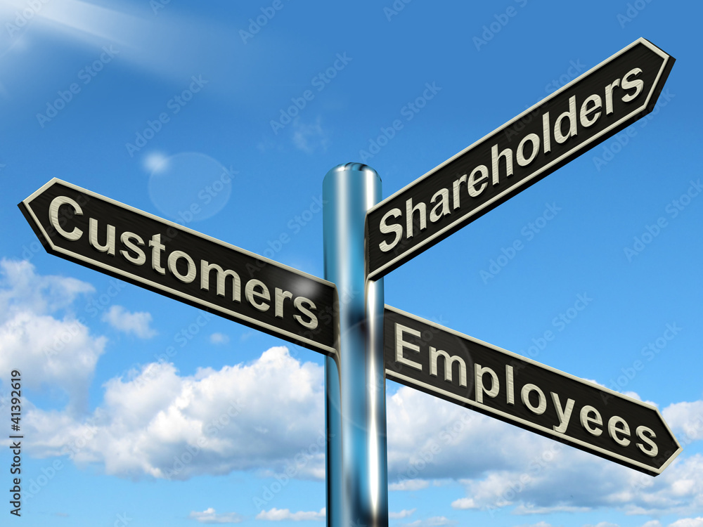 Customers Employees Shareholders Signpost Showing Company Organi Customers Employees Shareholders Signpost Showing Company Organi