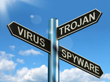 Virus Trojan Spyware Signpost Showing Internet Or Computer Threa