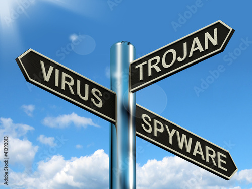 Virus Trojan Spyware Signpost Showing Internet Or Computer Threa
