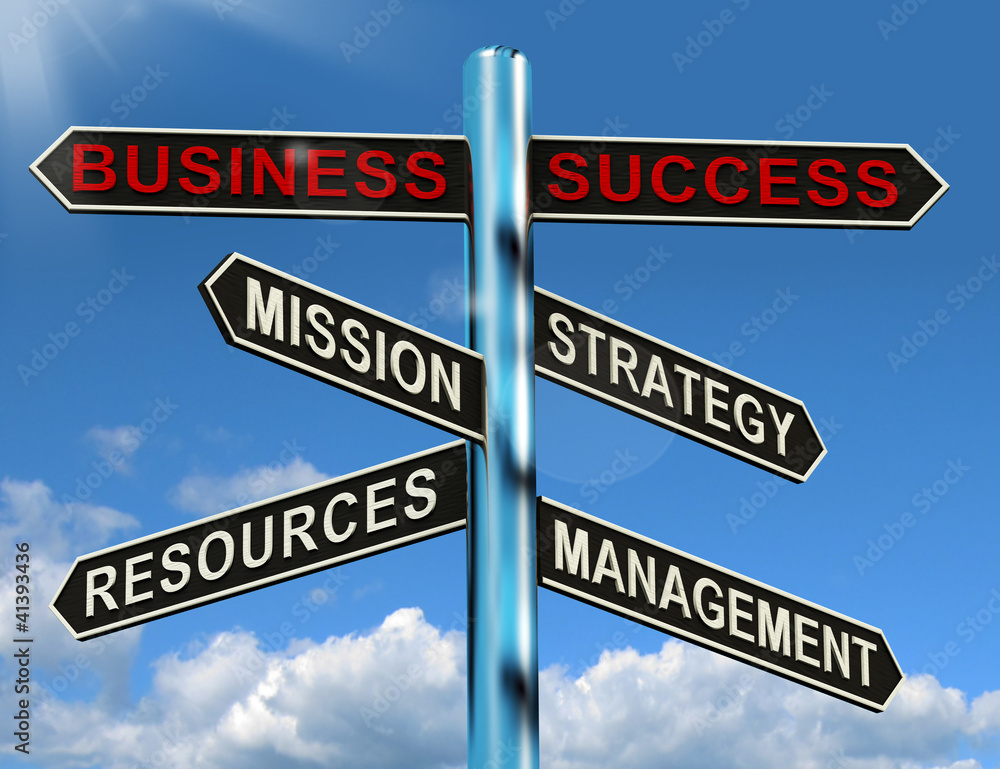 Business Success Signpost Showing Mission Strategy Resources And Business Success Signpost Showing Mission Strategy Resources And