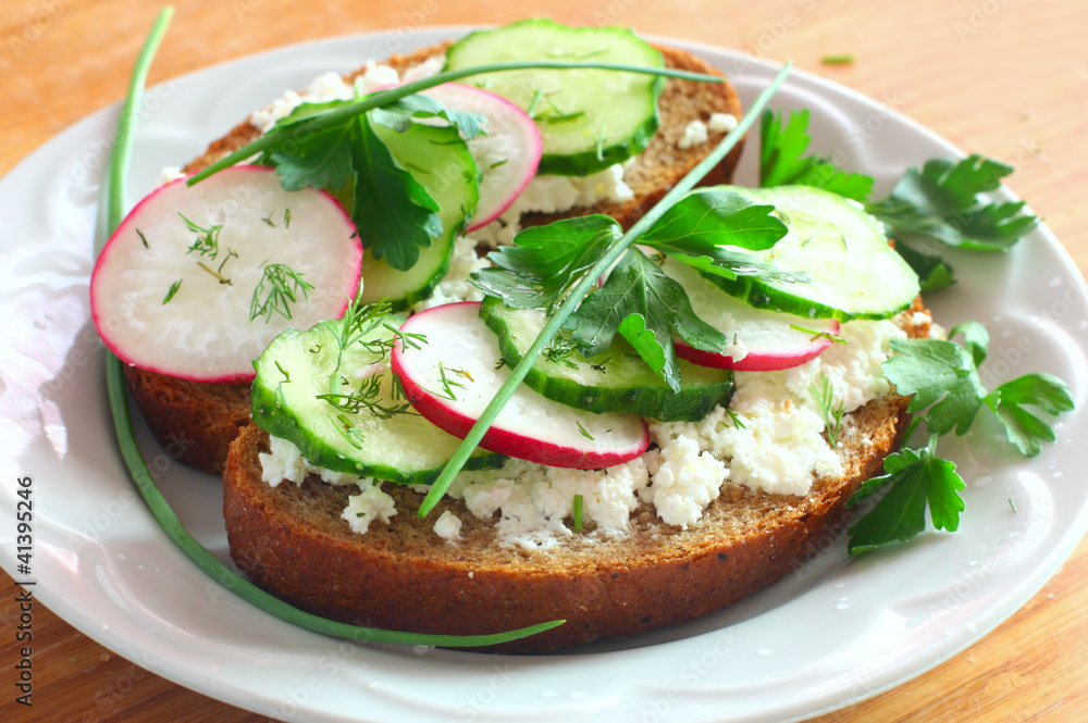 Fresh toast sandwiches with radish,cucumber and soft cheese